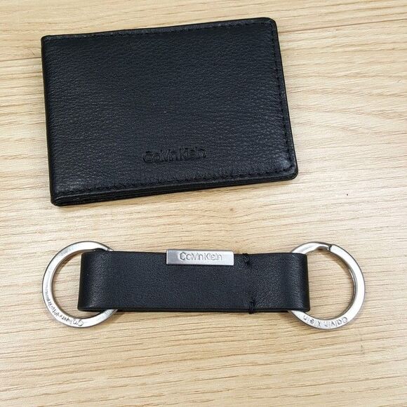 CALVIN KLEIN Mens Wallet Black Leather Single Fold Card Holder Matching Keychain - Picture 2 of 5